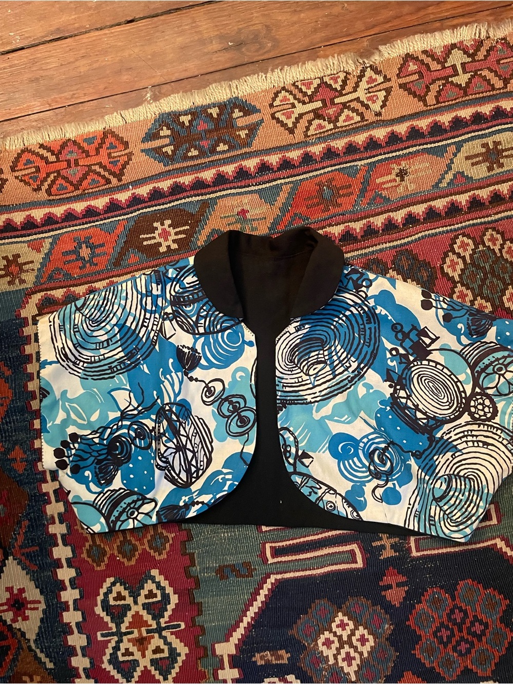 1950s Tiki Halter Circle Skirt Bolero 3pc Set Blue Black Cotton XS - Picture 12 of 15
